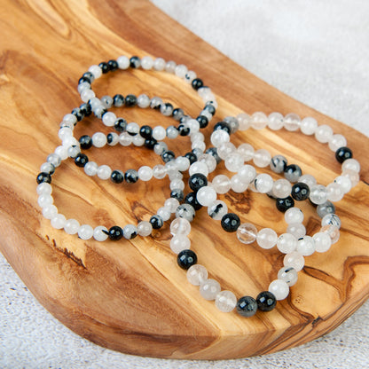 Black Tourmaline Rutile Quartz Beaded Bracelet